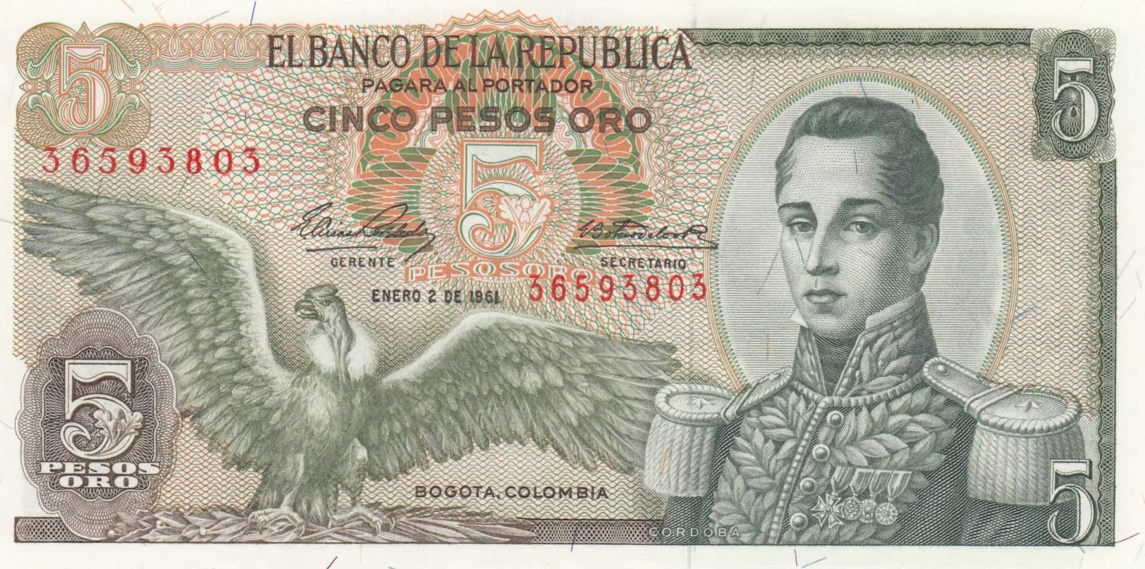 5 pesos 1961 from Colombia, P-406a (1961) — image 1