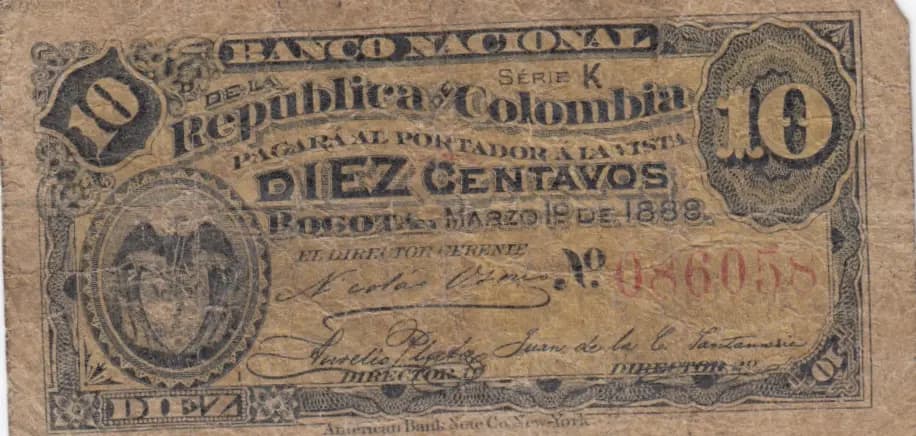 10 centavos 1888 from Colombia, P-211