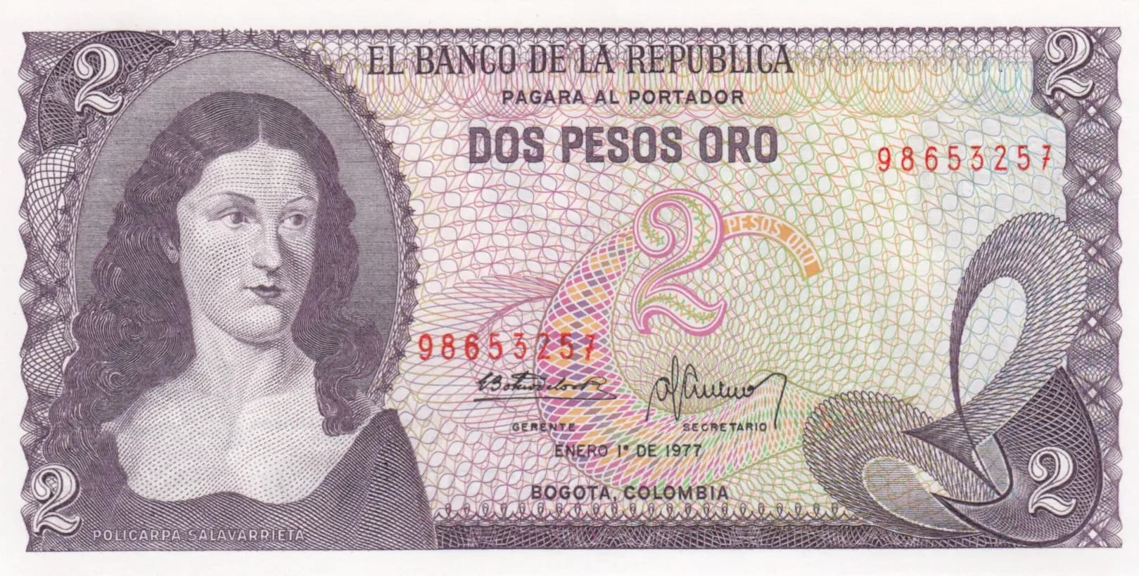2 pesos 1977 from Colombia, P-413b