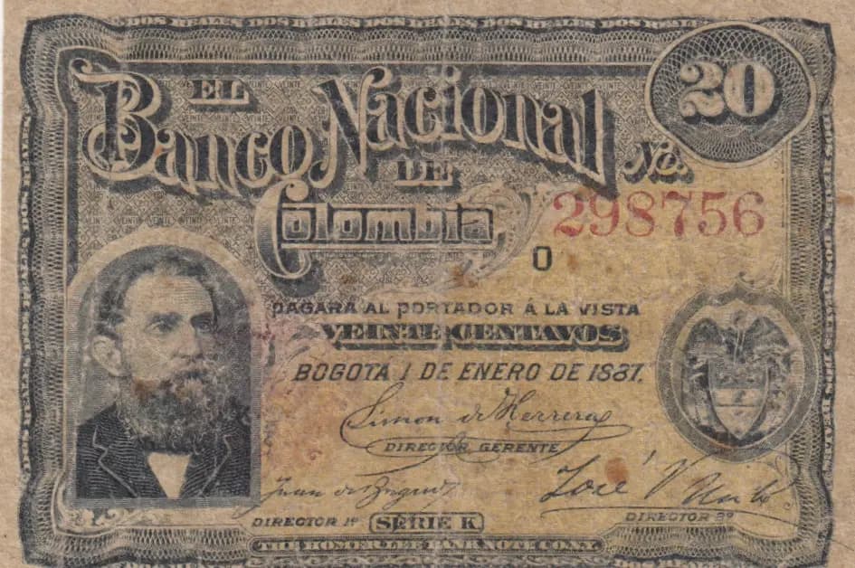20 centavos 1887 from Colombia, P-189