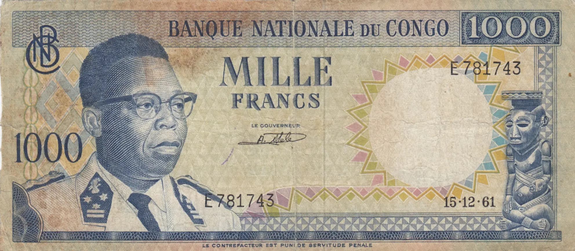 1000 francs 1961 from Congo Democratic Republic, P-8 (1961) — image 1