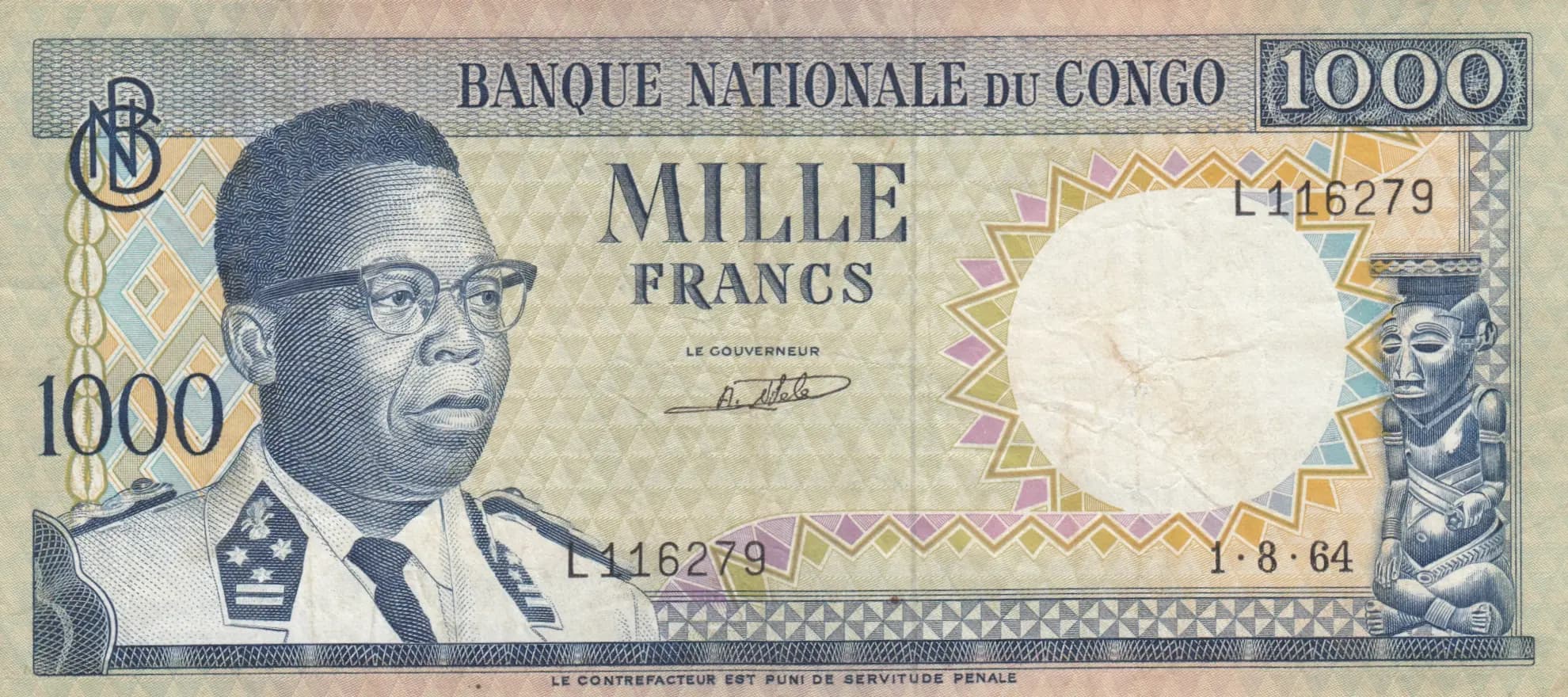 1000 francs 1964 from Congo Democratic Republic, P-8