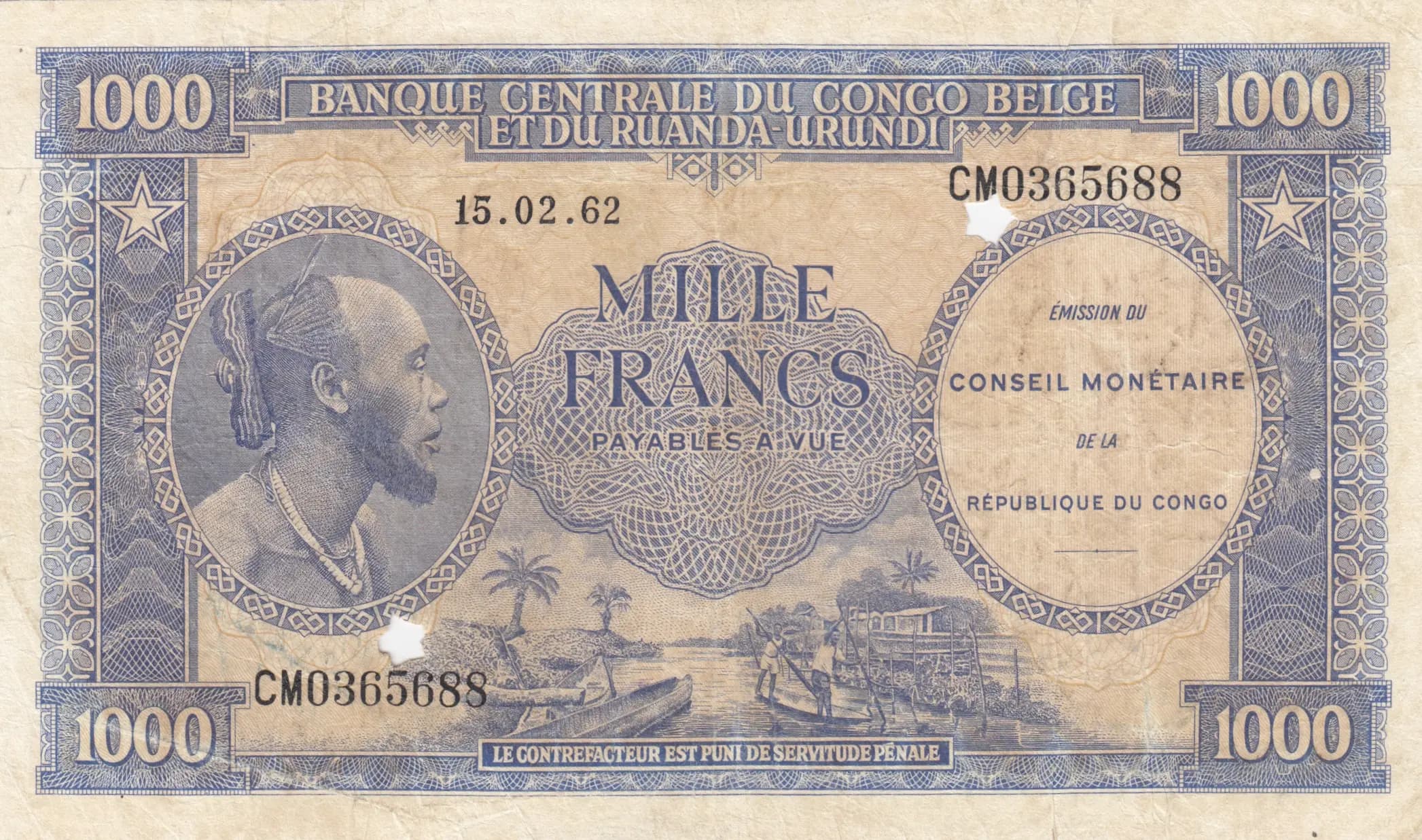 1000 francs 1962 from Congo Democratic Republic, P-2