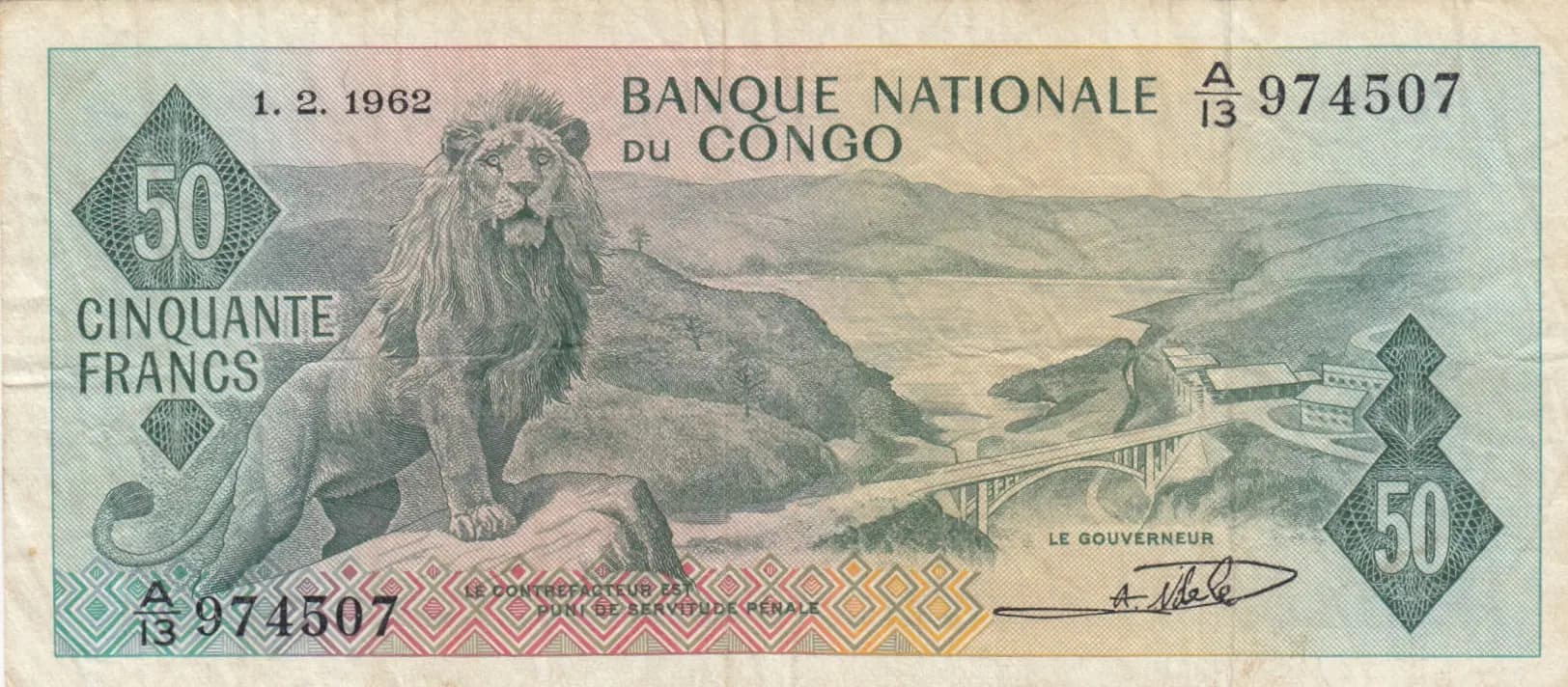 50 francs 1962 from Congo Democratic Republic, P-5
