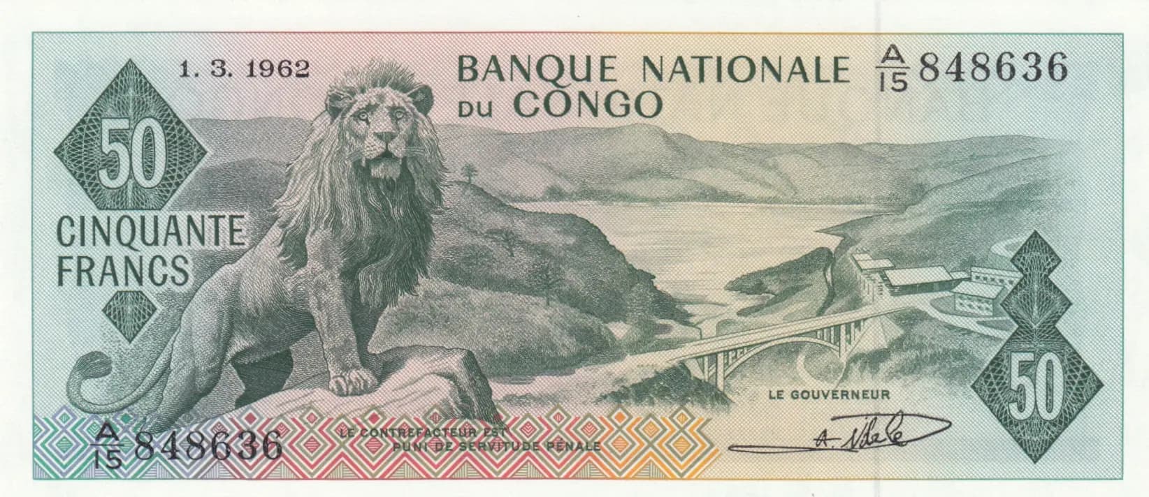 50 francs 1962 from Congo Democratic Republic, P-5 (1962) — image 1