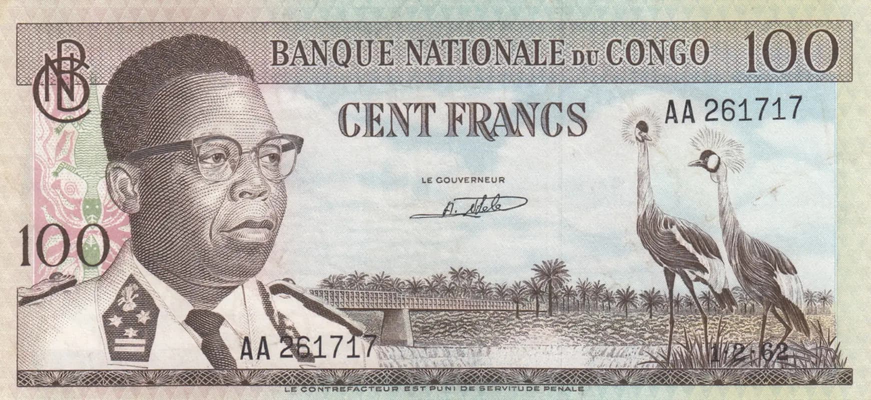 100 francs 1962 from Congo Democratic Republic, P-6