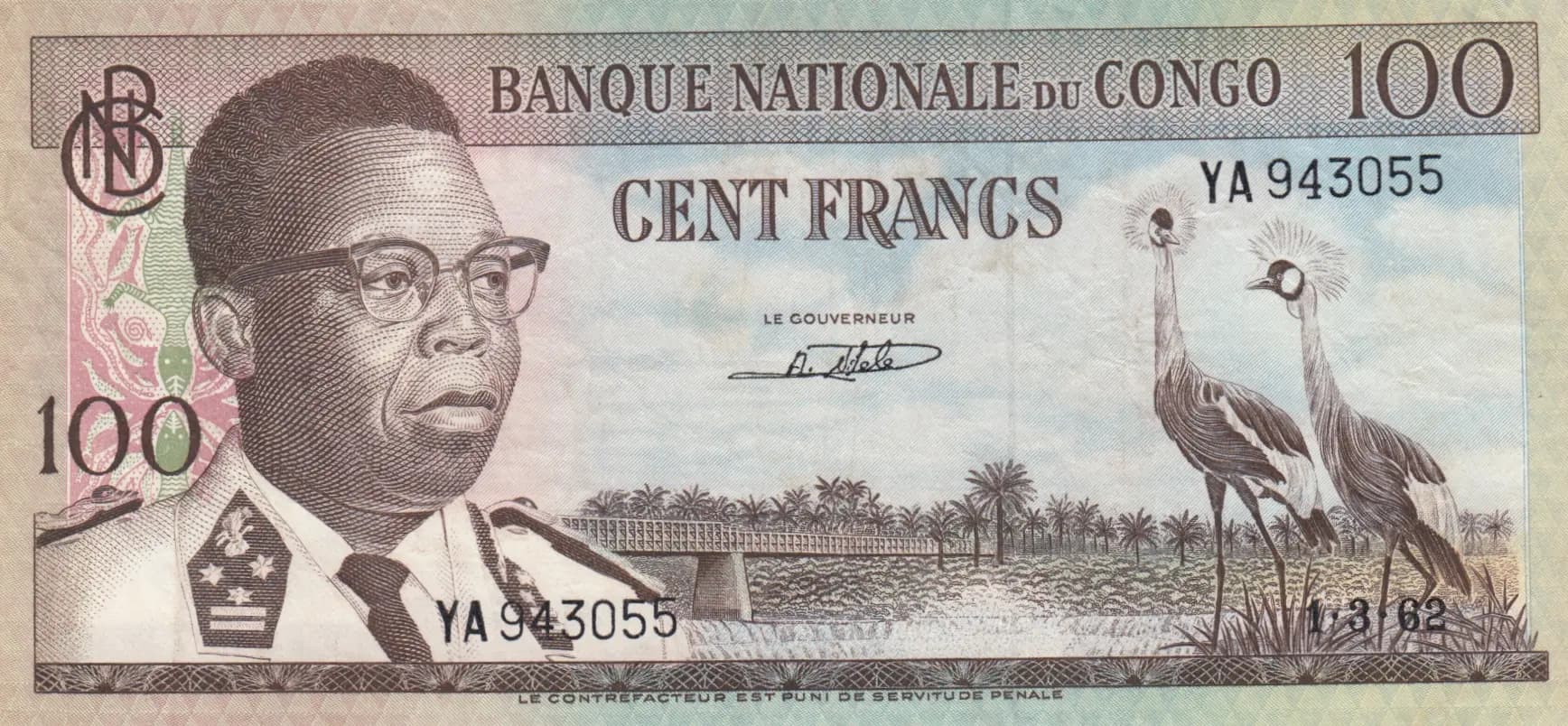 100 francs 1962 from Congo Democratic Republic, P-6 (1962) — image 1