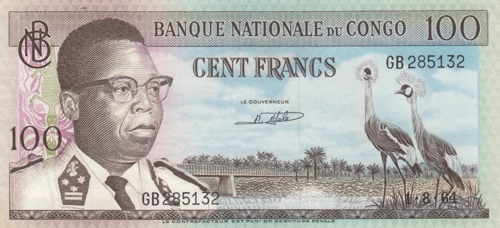100 francs 1964 from Congo Democratic Republic, P-6