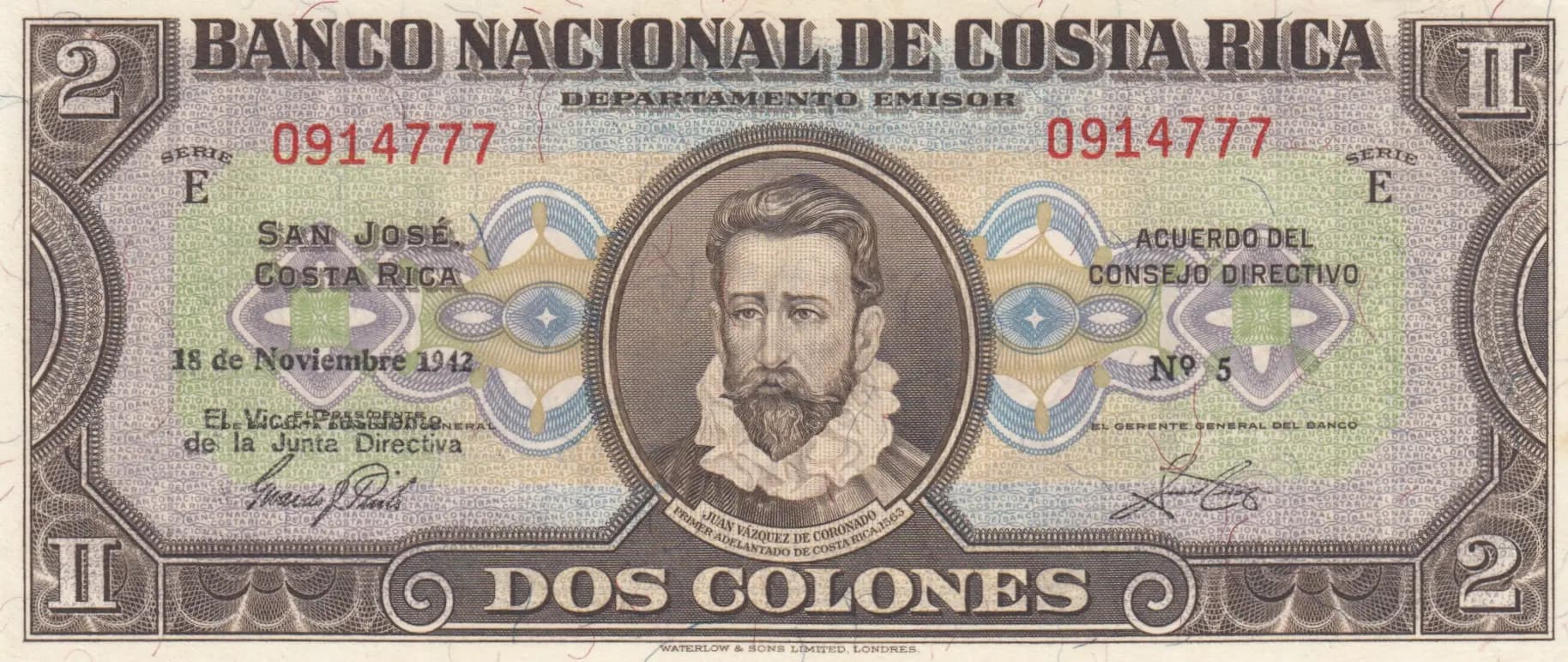 2 colones 1942 from Costa Rica, P-201c