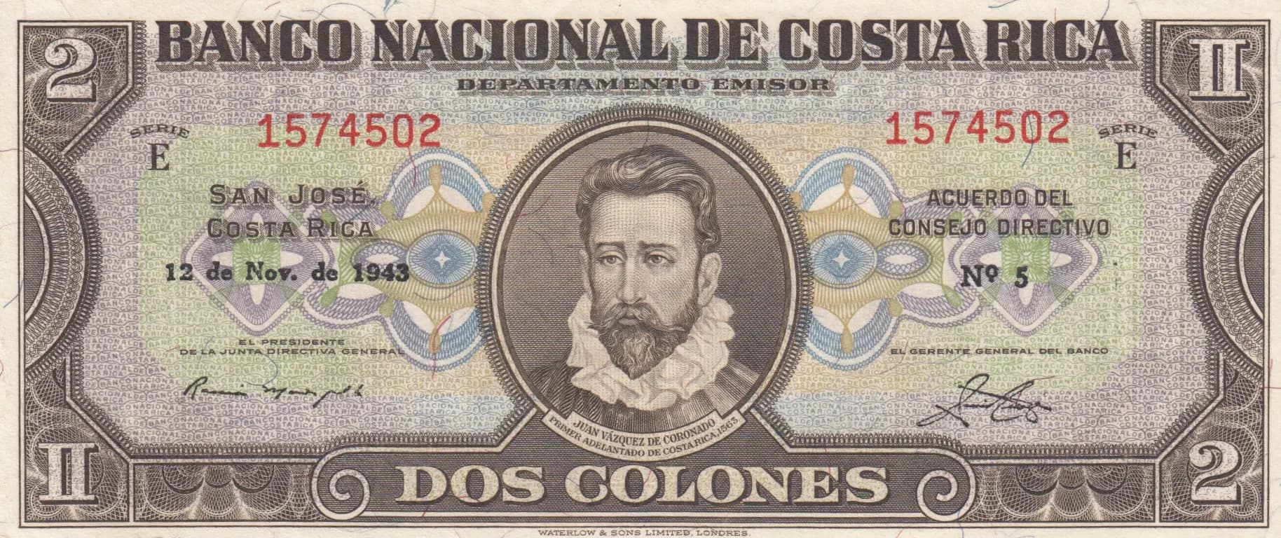 2 colones 1943 from Costa Rica, P-201a