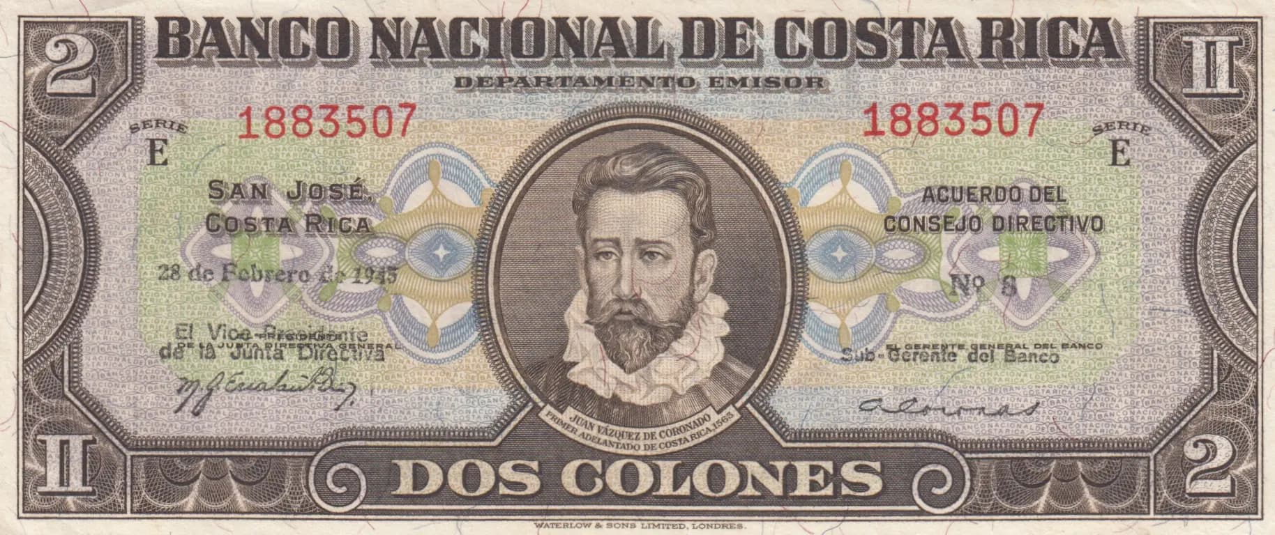 2 colones 1945 from Costa Rica, P-201d (1945) — image 1