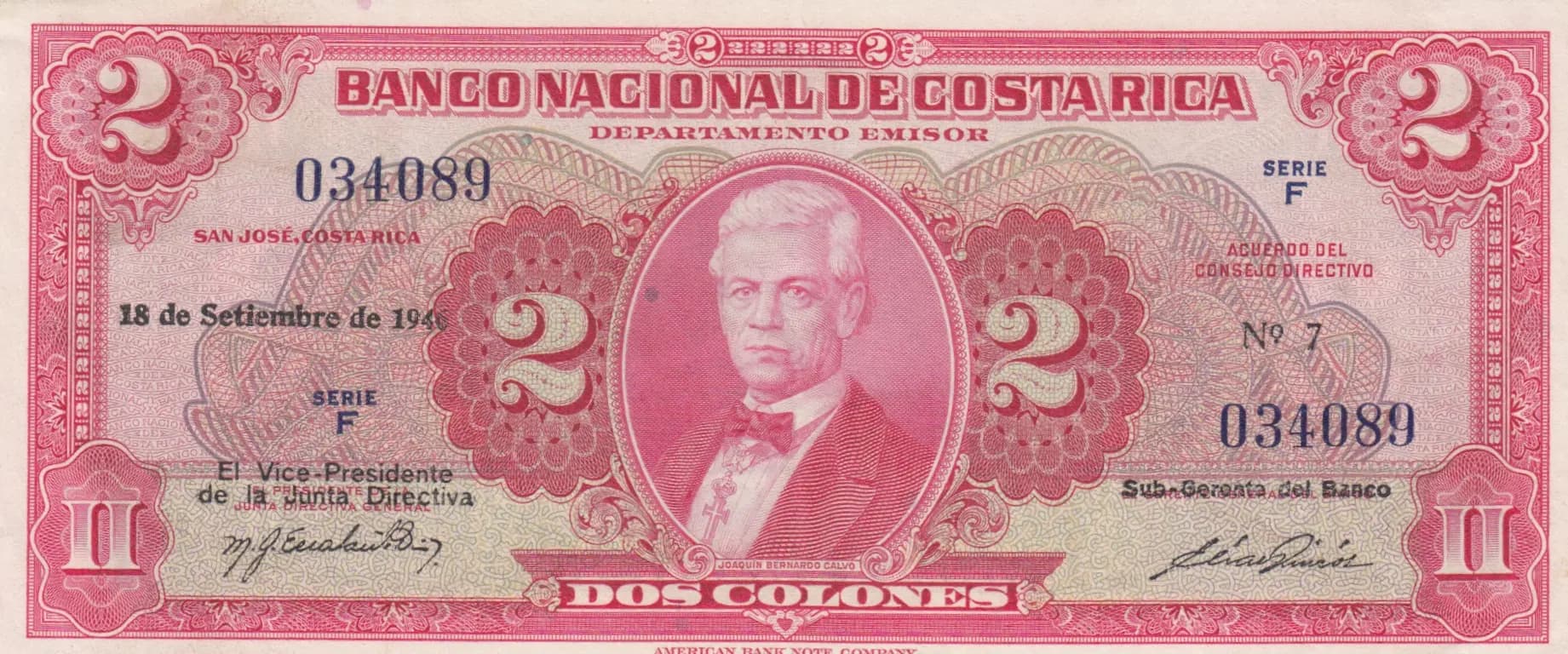 2 colones 1940 from Costa Rica, P-203a