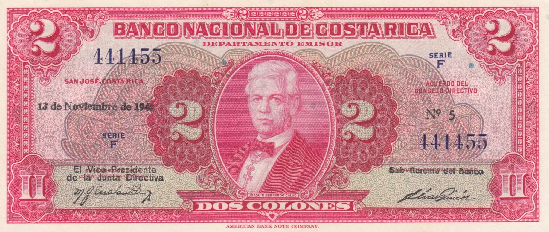 2 colones 1940 from Costa Rica, P-203a (1940) — image 1