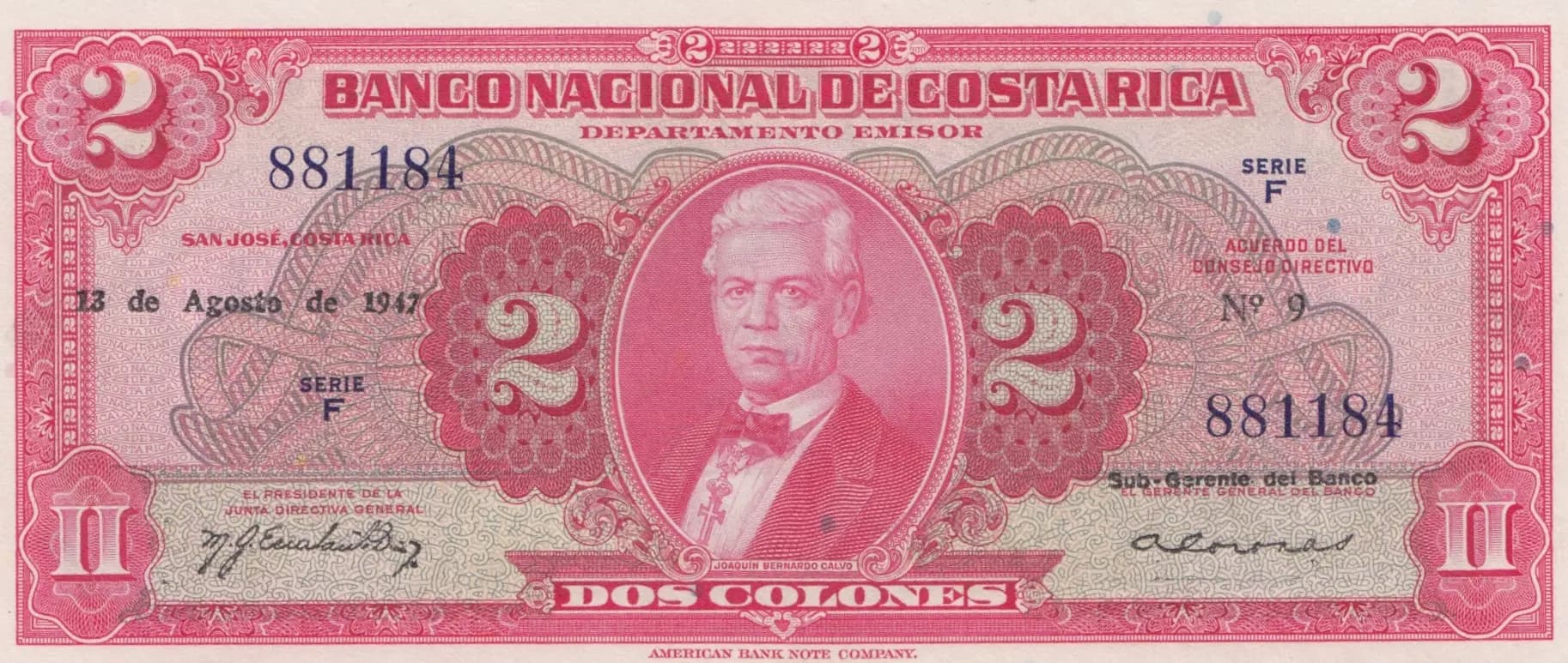 2 colones 1947 from Costa Rica, P-203b