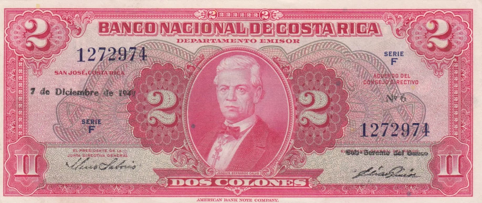 2 colones 1949 from Costa Rica, P-203b (1949) — image 1
