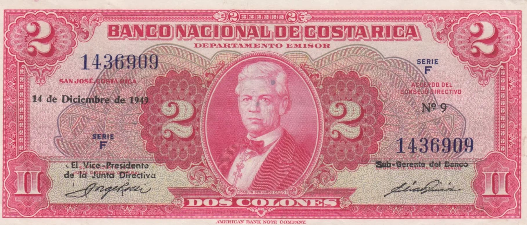 2 colones 1949 from Costa Rica, P-203b (1949) — image 1