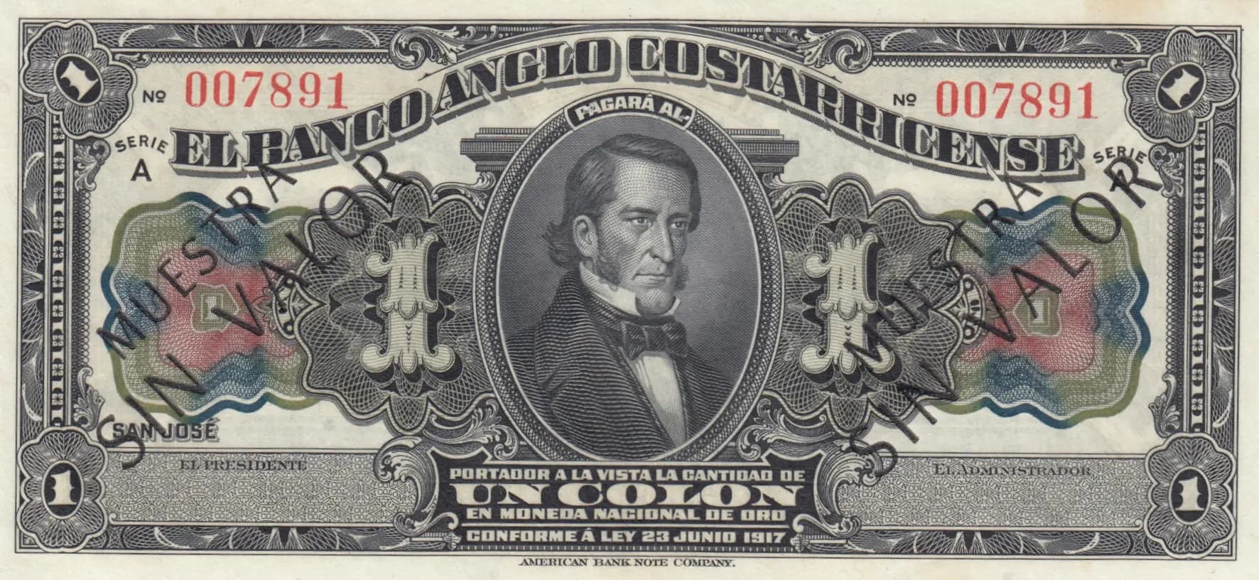 1 colon 1917 specimen from Costa Rica, P-S121s