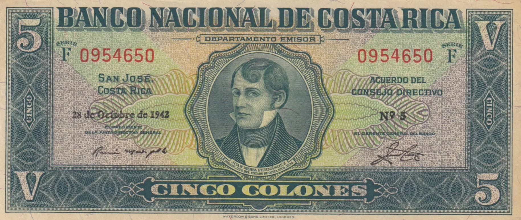 5 colones 1942 from Costa Rica, P-204 (1942) — image 1