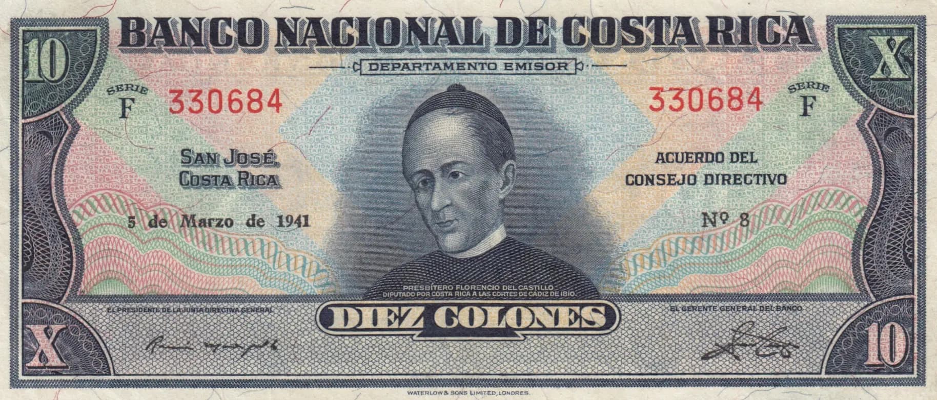 10 colones 1941 from Costa Rica, P-205a (1941) — image 1