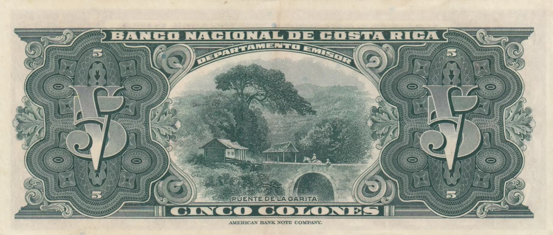 5 colones 1943 from Costa Rica, P-209a (1943) — image 2