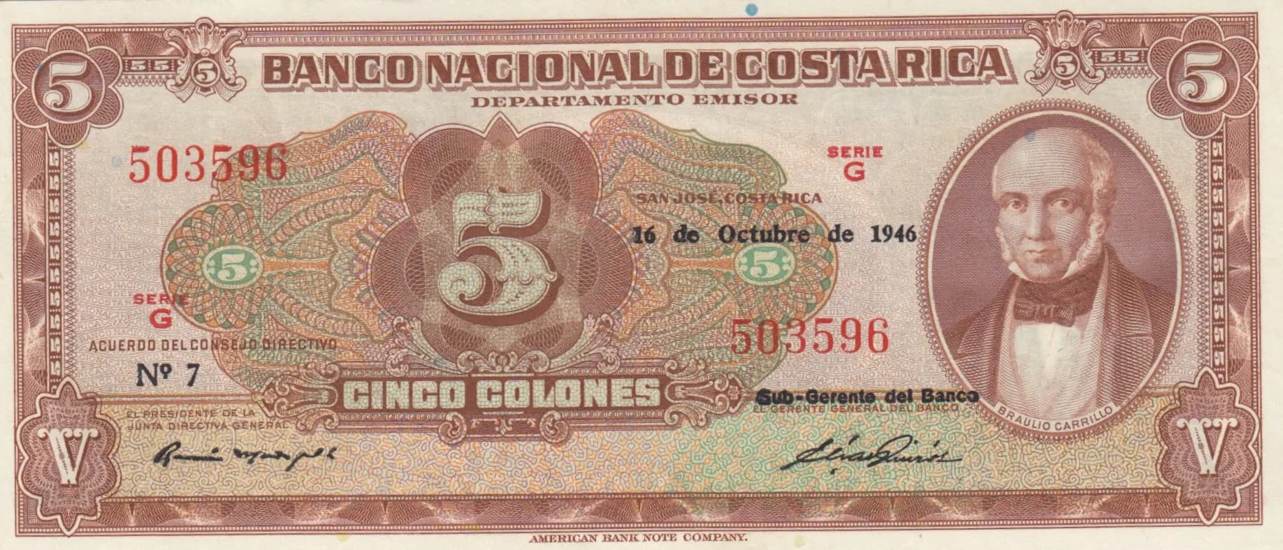 5 colones 1946 from Costa Rica, P-209c