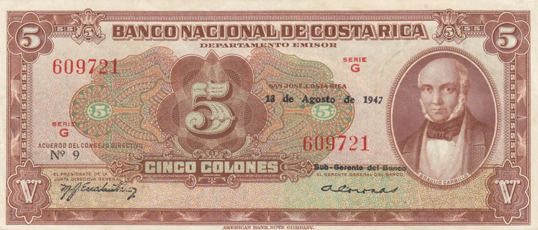 5 colones 1947 from Costa Rica, P-209c (1947) — image 1