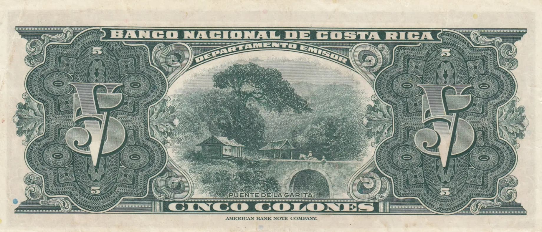 5 colones 1947 from Costa Rica, P-209c (1947) — image 2