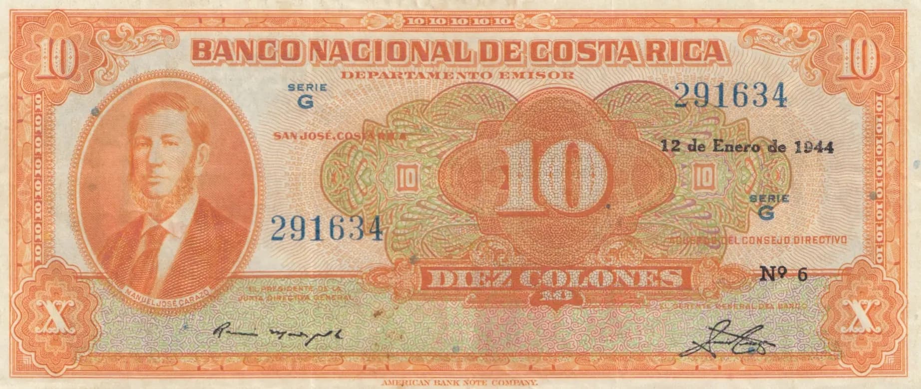 10 colones 1944 from Costa Rica, P-210a (1944) — image 1