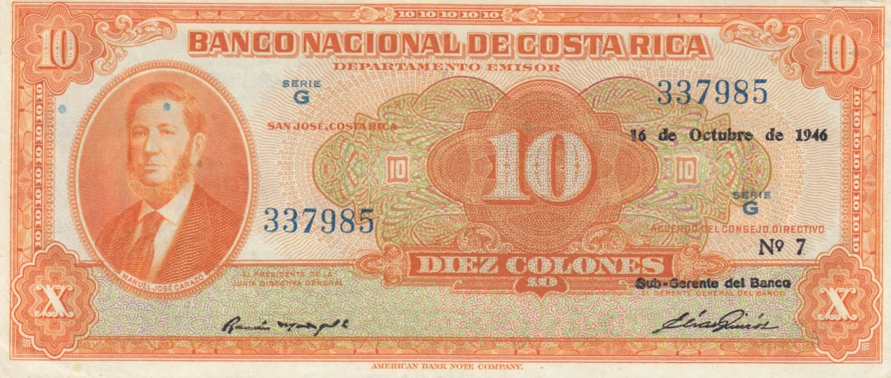 10 colones 1946 from Costa Rica, P-210b (1946) — image 1