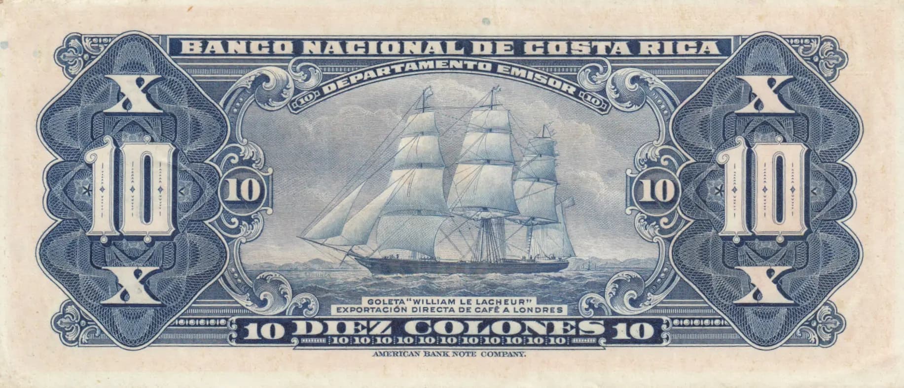 10 colones 1946 from Costa Rica, P-210b (1946) — image 2