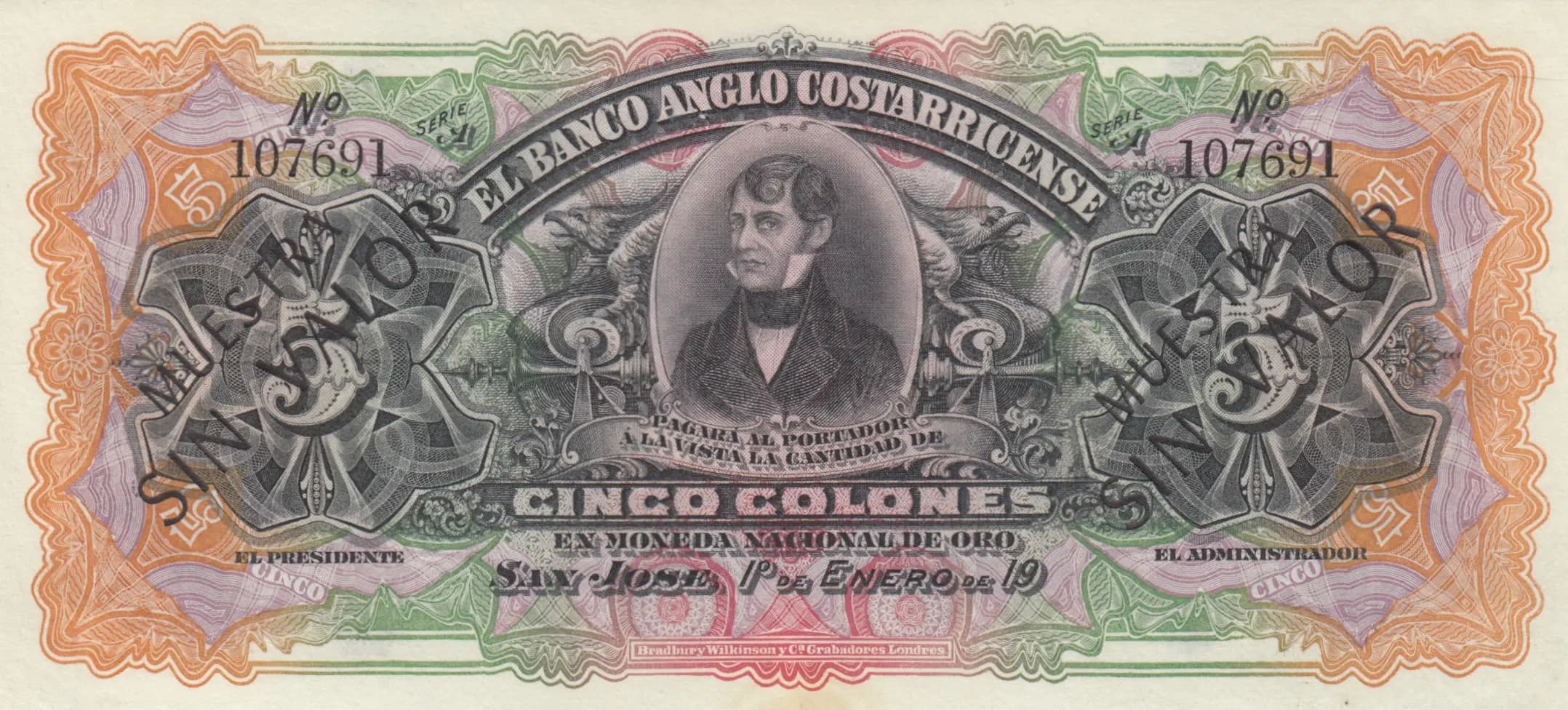 5 colones 1903 specimen from Costa Rica, P-S122s