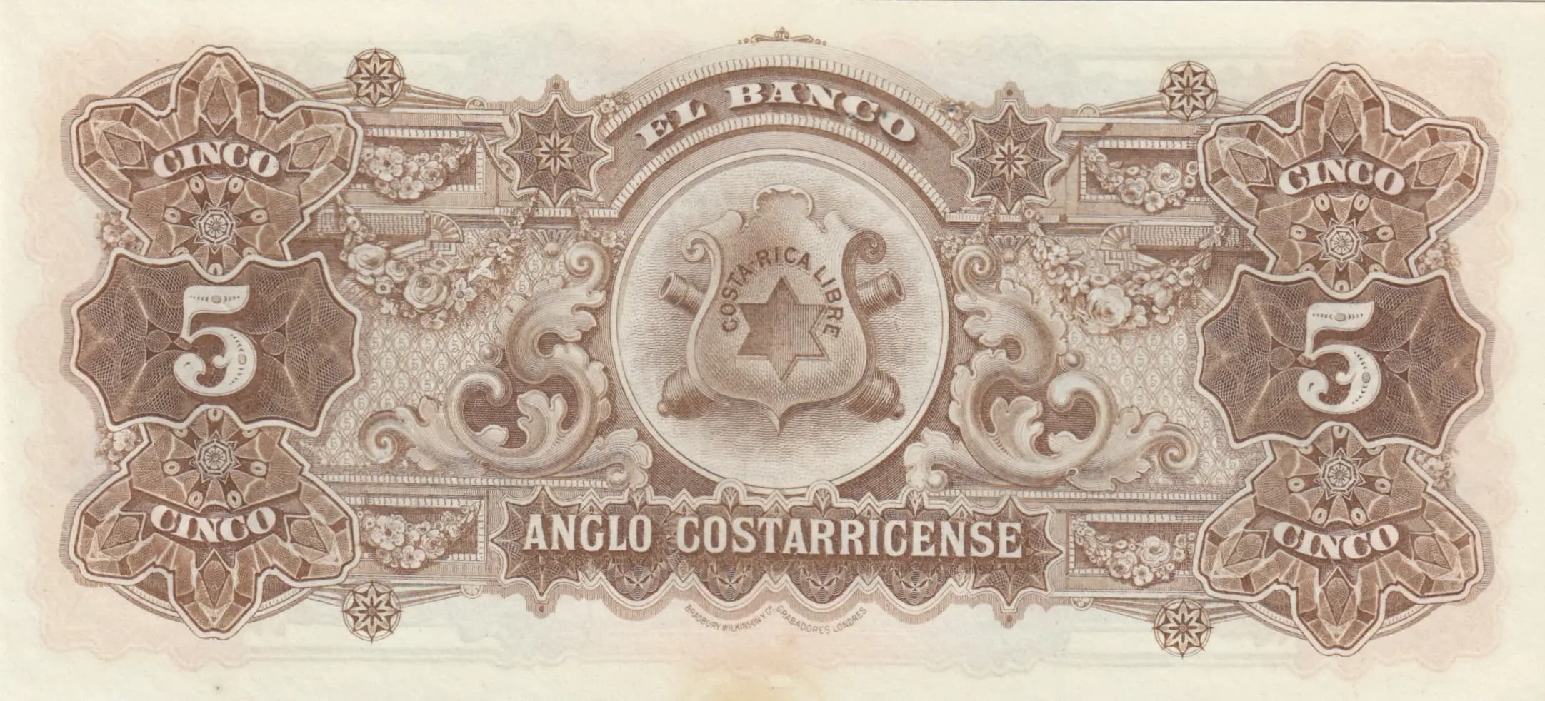 5 colones 1903 specimen from Costa Rica, P-S122s (1903) — image 2