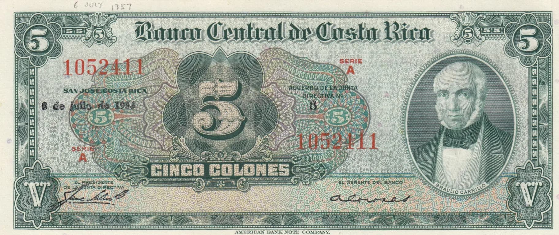 5 colones 1953 from Costa Rica, P-220b