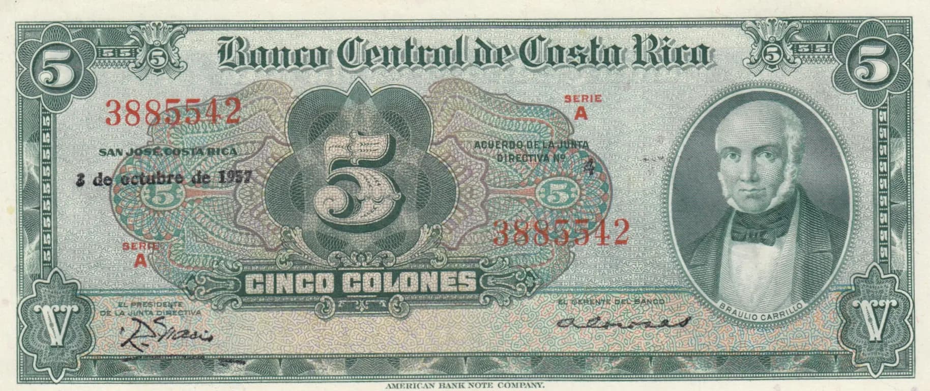 5 colones 1957 from Costa Rica, P-220b
