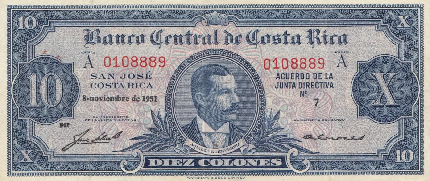 10 colones 1951 from Costa Rica, P-221a (1951) — image 1