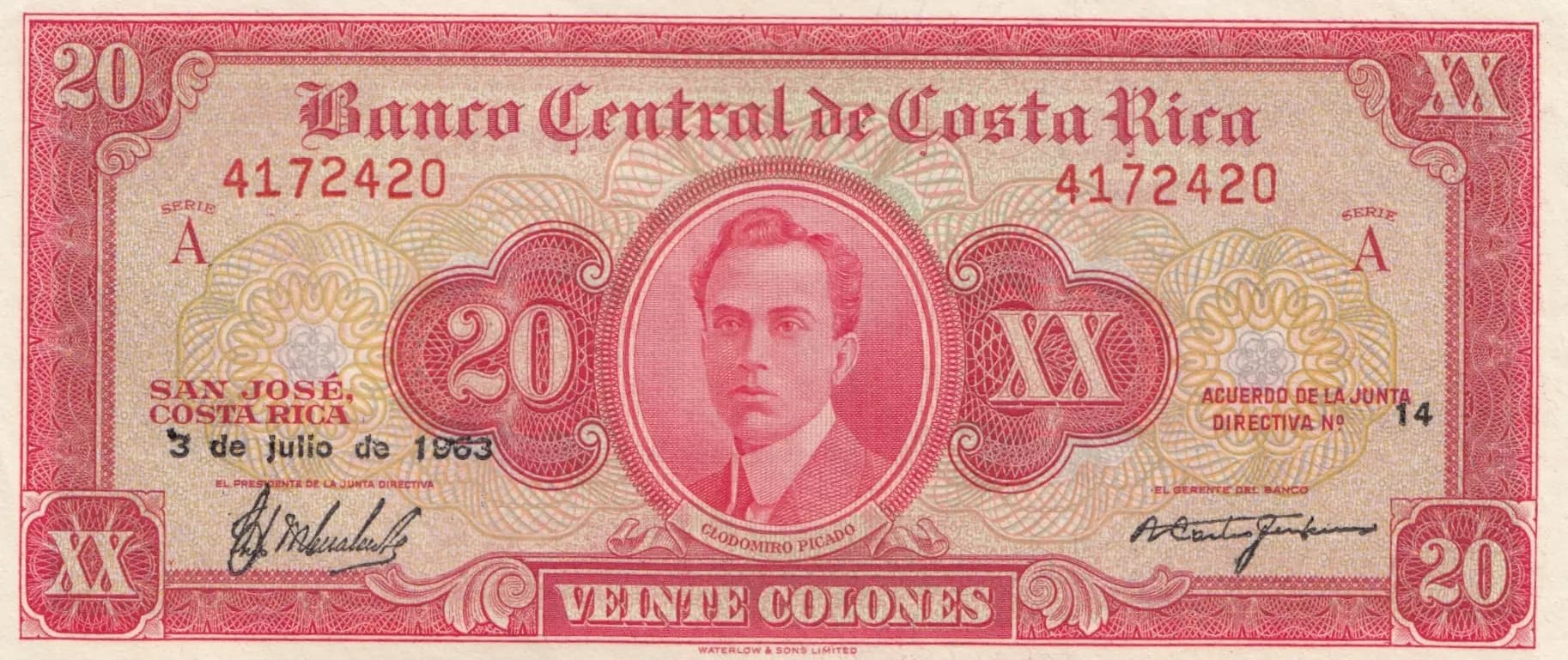 20 colones 1963 from Costa Rica, P-222c (1963) — image 1
