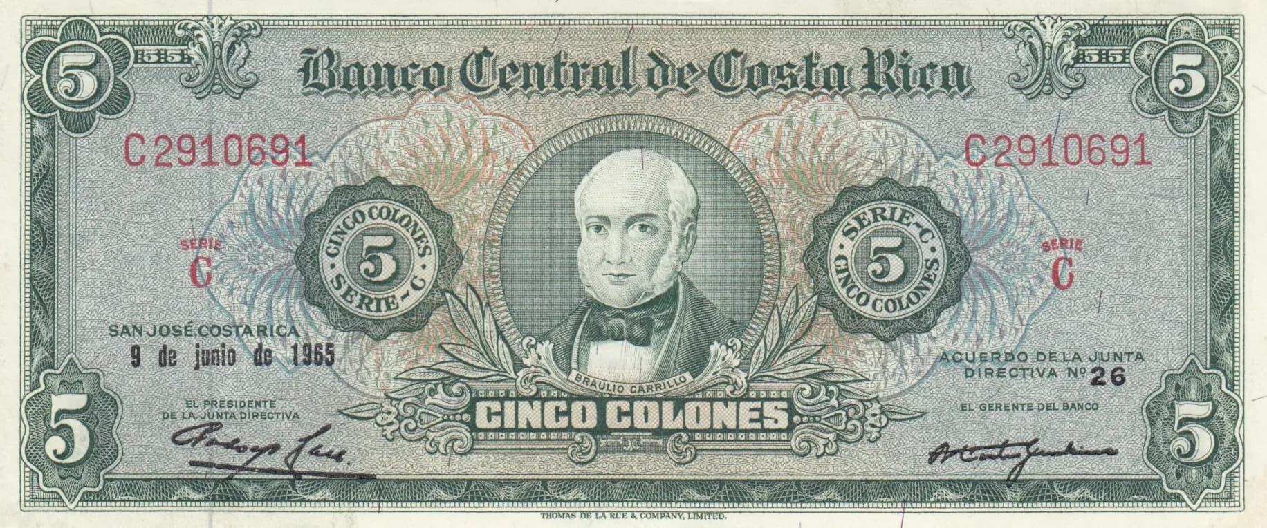 5 colones 1965 from Costa Rica, P-228
