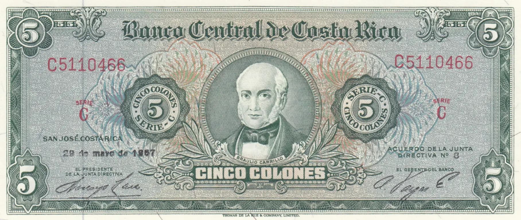 5 colones 1967 from Costa Rica, P-228 (1967) — image 1