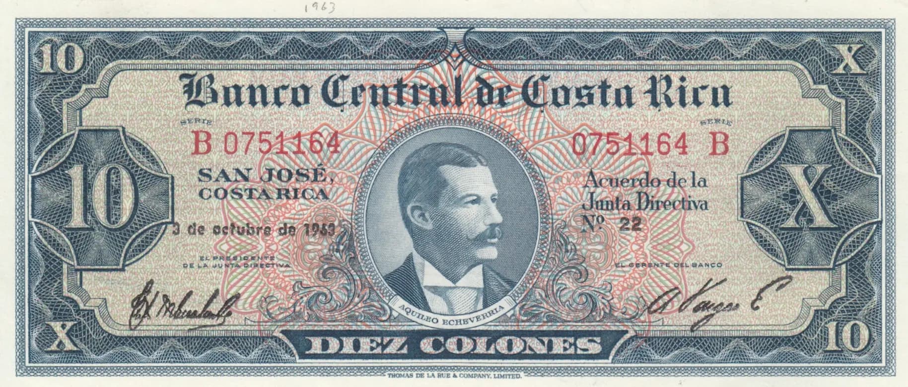 10 colones 1963 from Costa Rica, P-229 (1963) — image 1