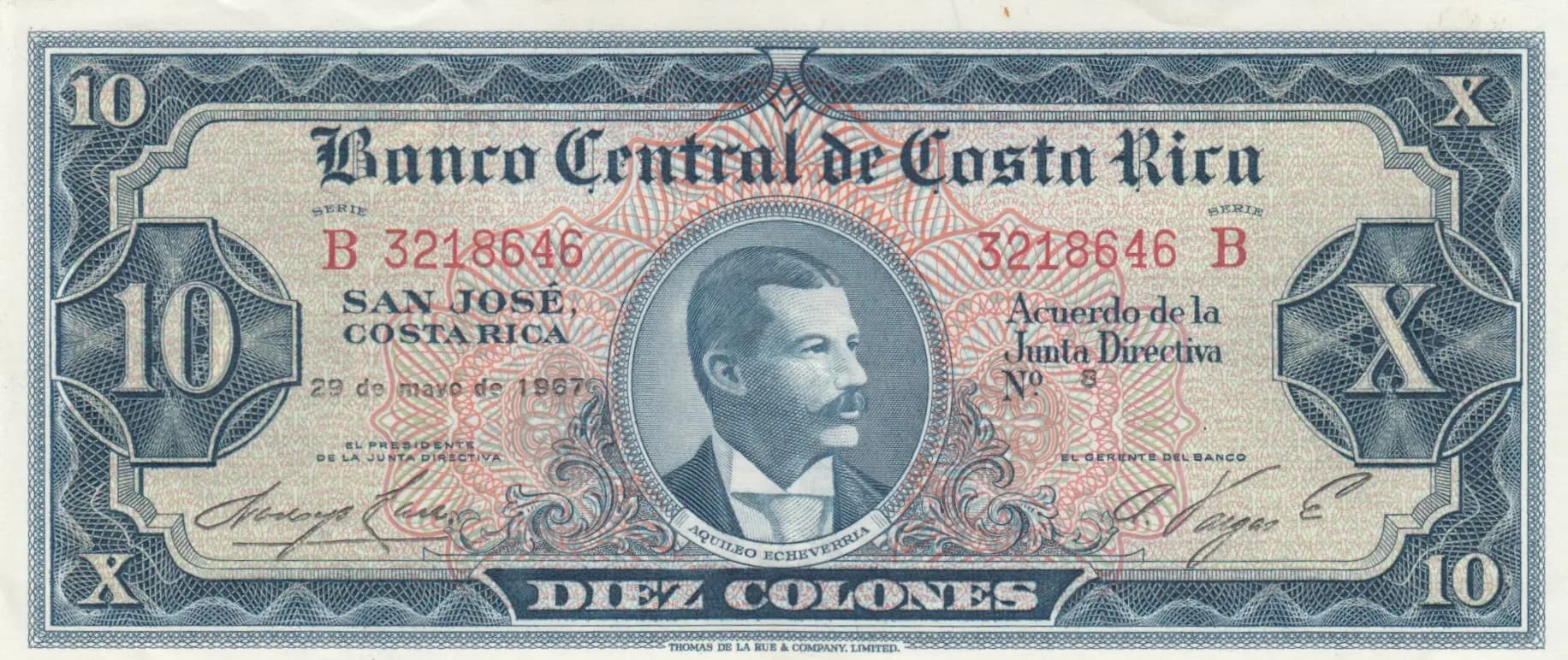 10 colones 1967 from Costa Rica, P-229