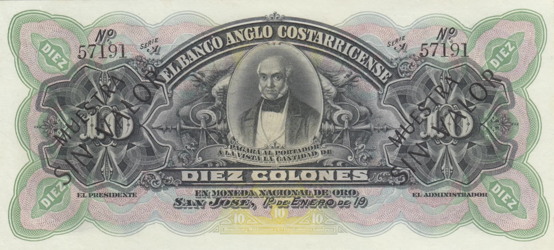 10 colones 1903 specimen from Costa Rica, P-S123s