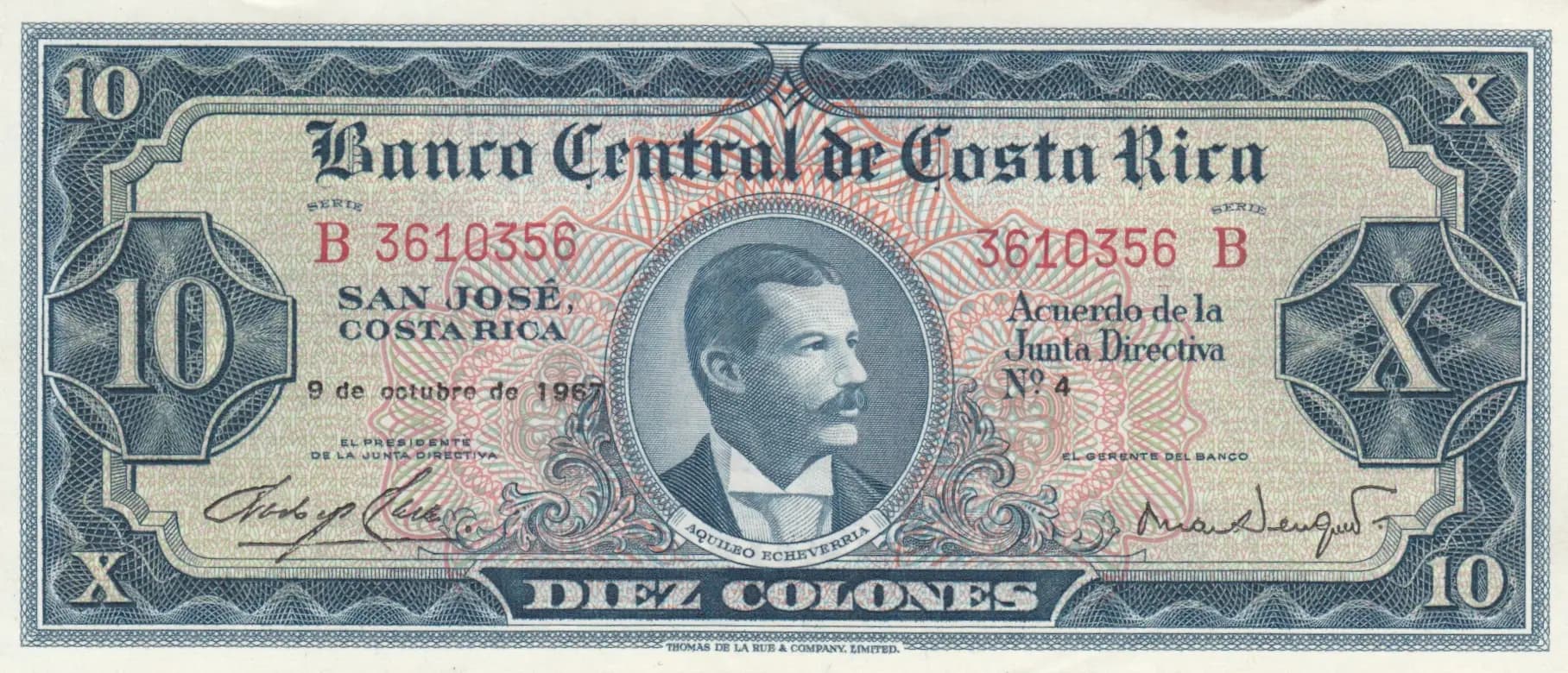10 colones 1967 from Costa Rica, P-229