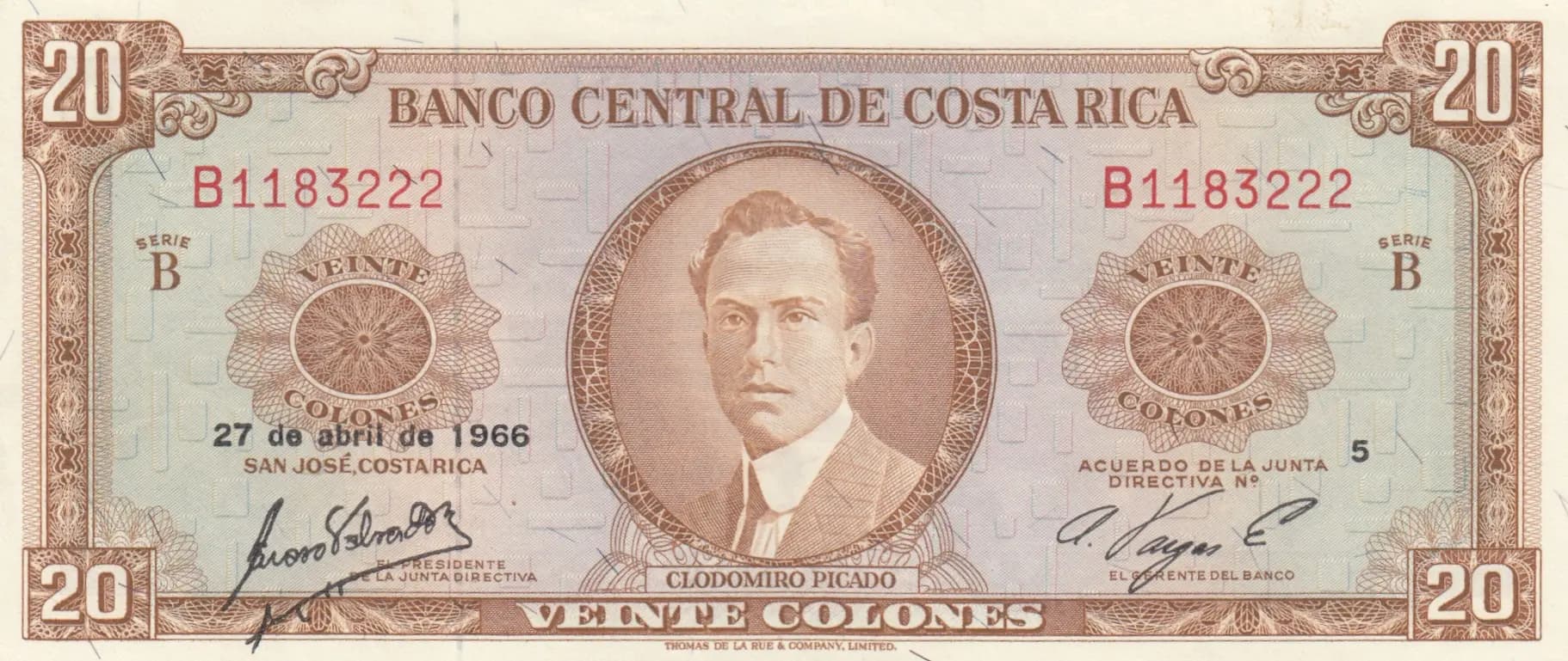 20 colones 1966 from Costa Rica, P-231a