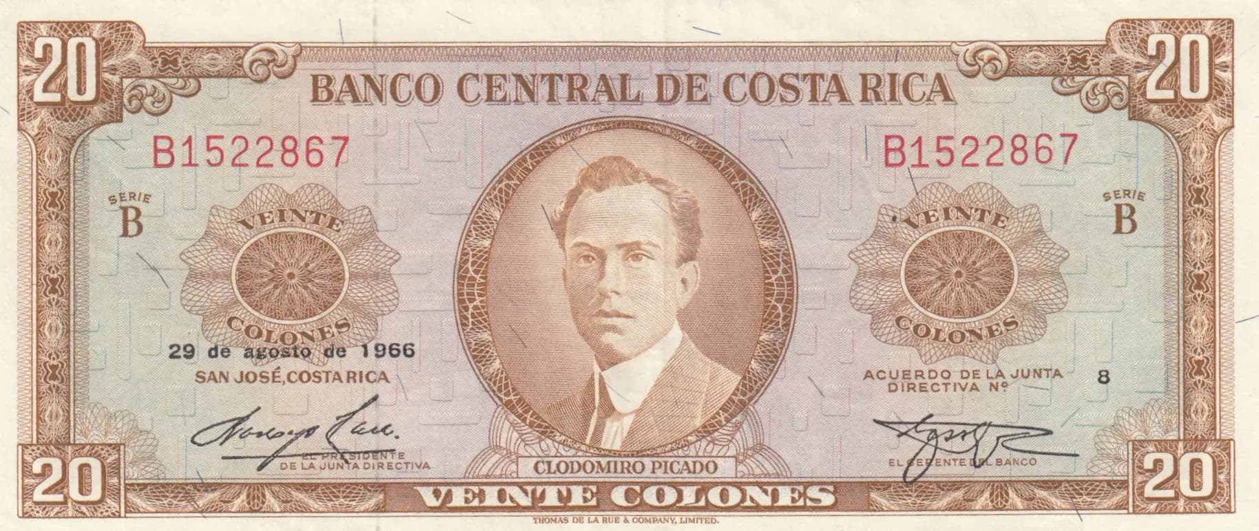 20 colones 1966 from Costa Rica, P-231a (1966) — image 1