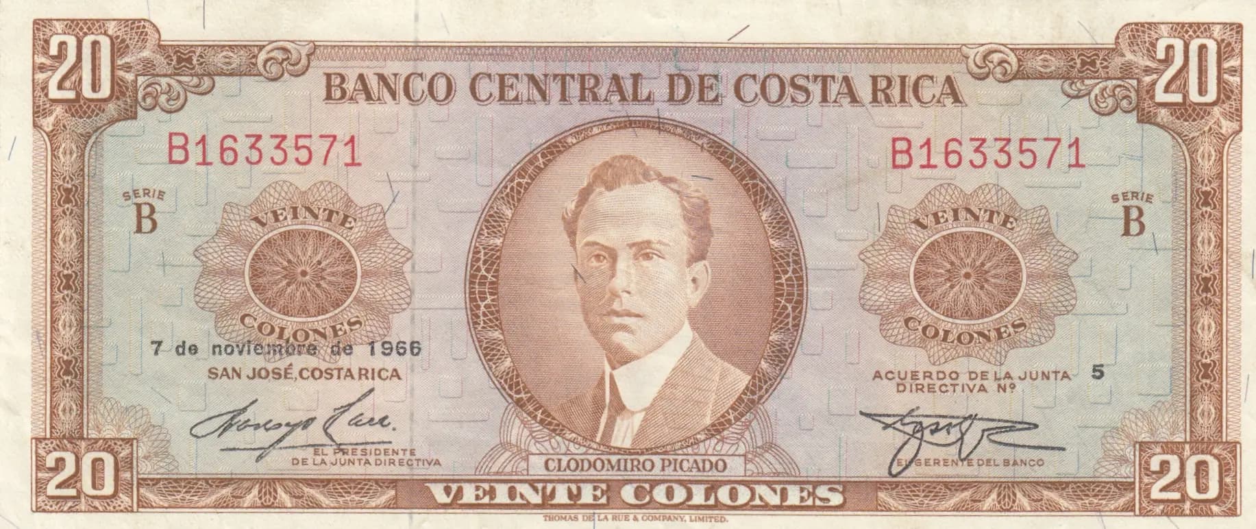 20 colones 1966 from Costa Rica, P-231a