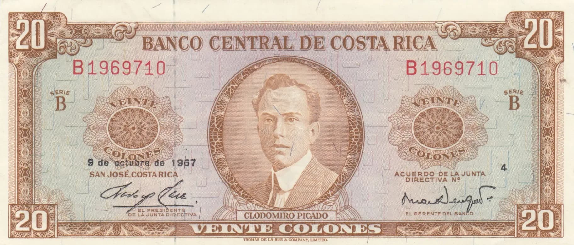 20 colones 1967 from Costa Rica, P-231a