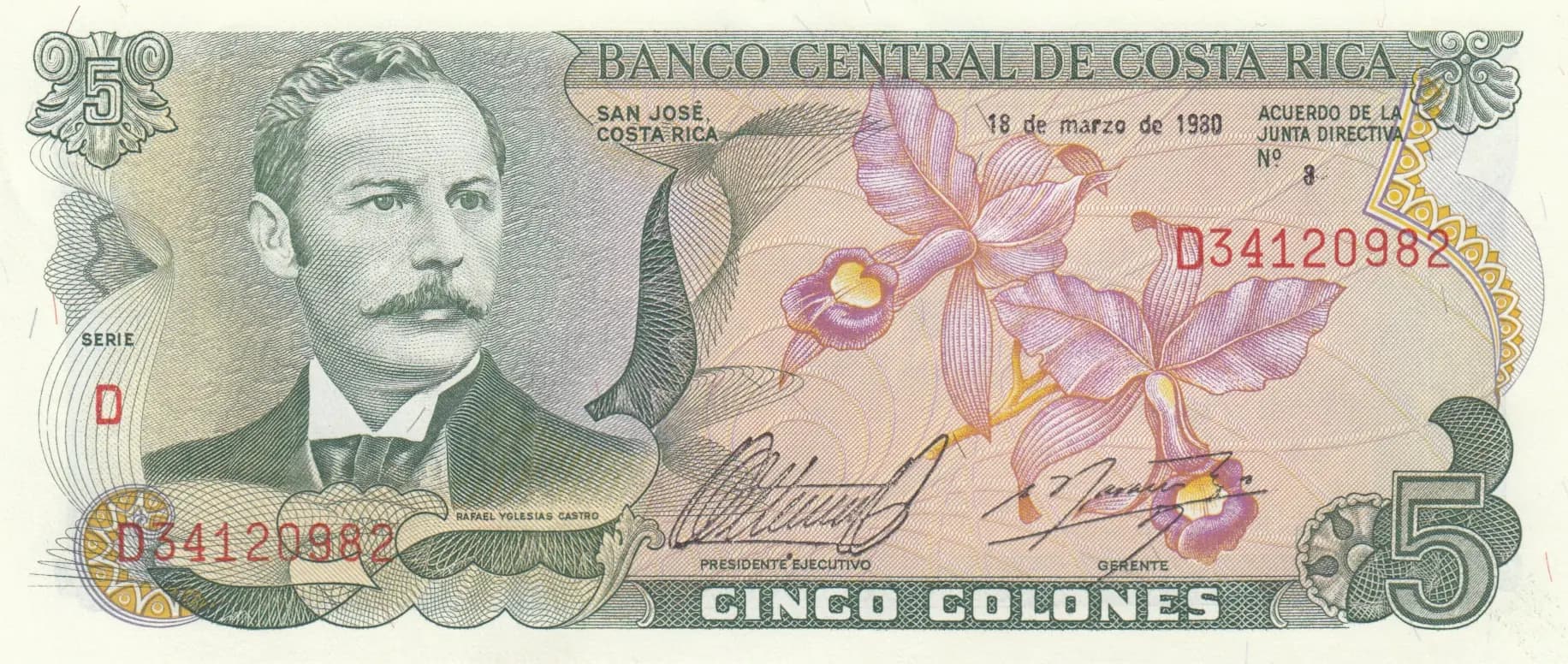 5 colones 1980 from Costa Rica, P-236d (1980) — image 1