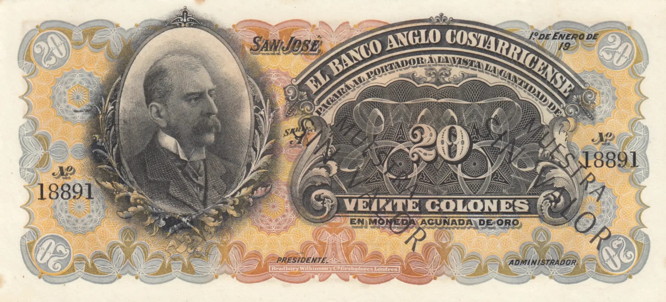 20 colones 1903 specimen from Costa Rica, P-S124s