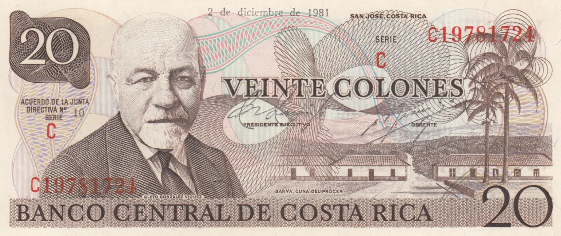 20 colones 1981 from Costa Rica, P-238c (1981) — image 1