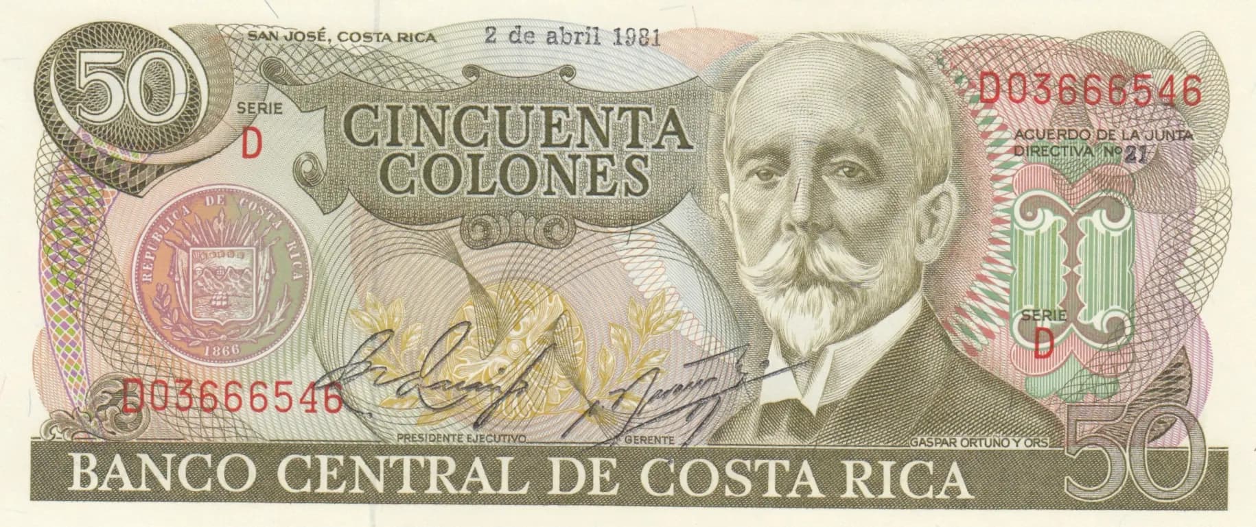 50 colones 1981 from Costa Rica, P-251a (1981) — image 1